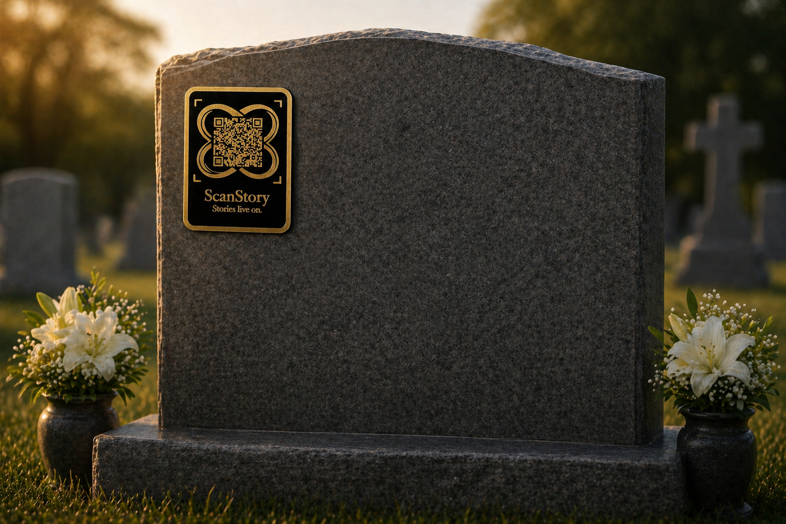 ScanStory plaque on upright headstone
