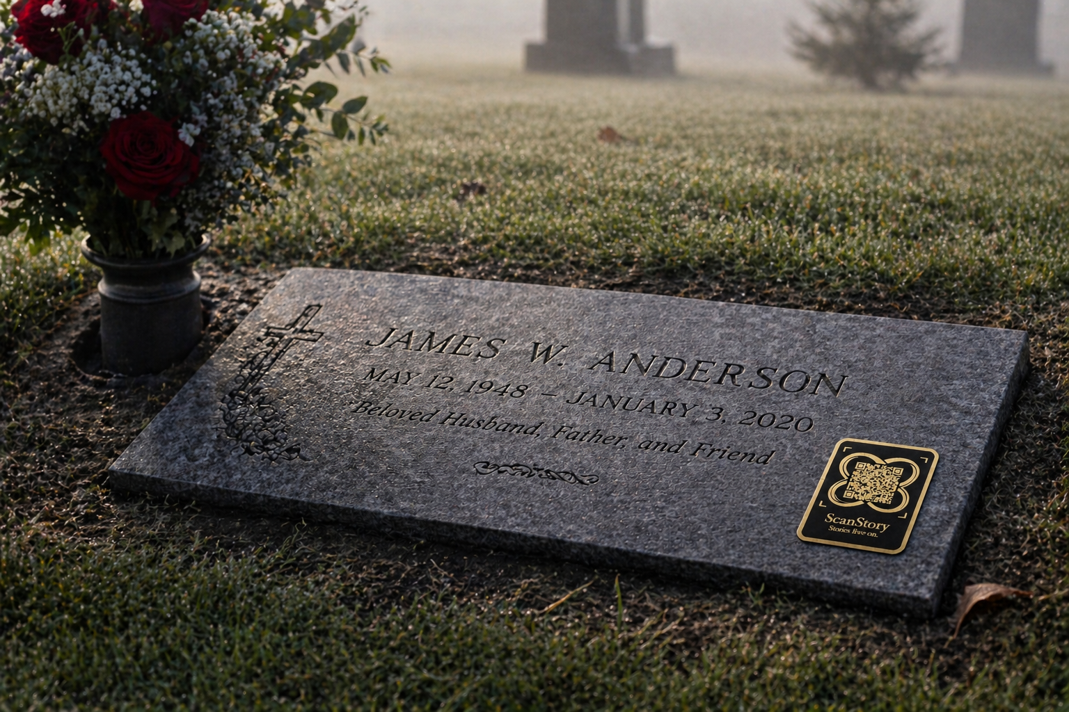ScanStory plaque on flat grave marker
